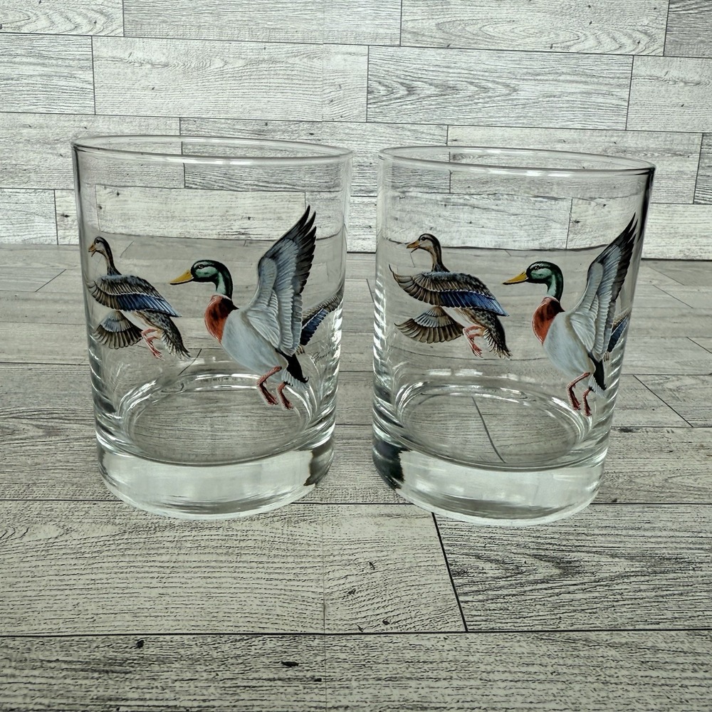 Set of 2 Vintage Whiskey Glasses, Mallard Duck Bird Hunt Goose Norman R Wamer